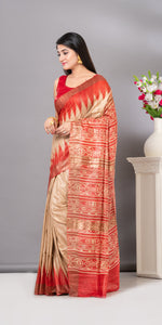 Beige Ghicha Tussar Silk Saree with Ikat Pattern-Tussar Saree-parinitasarees
