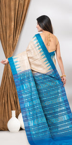 Beige Gopalpur Tussar Silk Saree with Ikat Pattern-Tussar Saree-parinitasarees