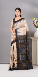 Beige Gopalpur Tussar Silk Saree with Ikat Pattern-Tussar Saree-parinitasarees