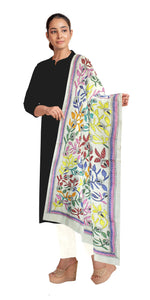 Beige Tussar Kantha Dupatta with Floral Embroidery-Dupattas-parinitasarees