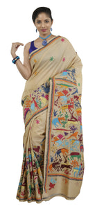 Beige Tussar Silk Kantha Saree with Animal Motifs-Kantha saree-parinitasarees