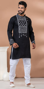Black Cotton Panjabi with Floral Embroidery-Men's Kurtas-parinitasarees