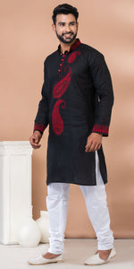 Black Cotton Panjabi with Intricate Embroidery-Men's Kurtas-parinitasarees