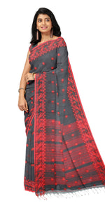 Black Handspun Cotton Saree with Floral Motifs-Handspun Cotton-parinitasarees