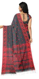 Black Handspun Cotton Saree with Floral Motifs-Handspun Cotton-parinitasarees