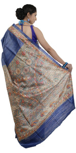 Blue Madhubani Painted Tussar Silk Saree-Tussar Saree-parinitasarees