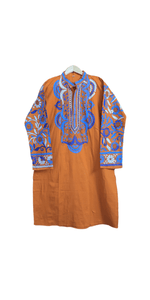 Burnt Orange Cotton Panjabi with Floral Kantha Embroidery- XL-Men's Kurtas-parinitasarees