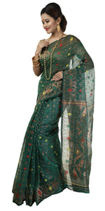 Deep Green Muslin Saree with Dhakai Motifs-Muslin saree-parinitasarees