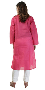 Deep Pink Cotton Chikankari Kurti with Floral Motifs-Women's Chikankari Kurti-parinitasarees