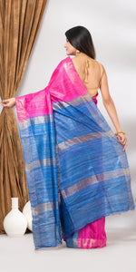 Deep Pink Ghicha Tussar Silk Saree with Blue Pallav-Tussar Saree-parinitasarees