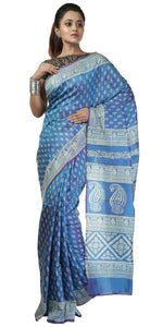 Dual Tone Blue-Pink Bishnupuri Silk Saree with Block Prints-Bishnupuri silk saree-parinitasarees