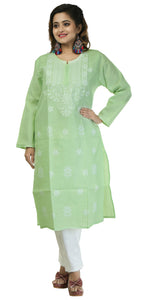 Green Cotton Chikankari Kurti with Floral Motifs-Women's Chikankari Kurti-parinitasarees