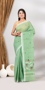 Green Cotton Jamdani with Floral Motifs-Jamdani saree-parinitasarees