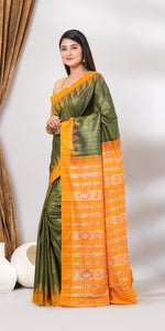 Green Gopalpur Tussar Silk Saree with Ikat Pattern-Tussar Saree-parinitasarees