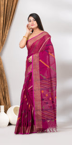 Magenta Linen Jamdani Saree with Colourful Pallav-Handspun Cotton-parinitasarees