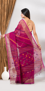Magenta Linen Jamdani Saree with Colourful Pallav-Handspun Cotton-parinitasarees