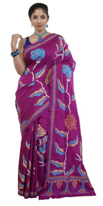 Magenta Pure Silk Kantha Saree with Floral Embroidery-Kantha saree-parinitasarees
