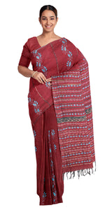 Maroon Cotton Kantha Saree with Floral Motifs-Kantha saree-parinitasarees