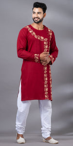 Maroon Cotton Panjabi with Floral Kantha Embroidery-Men's Kurtas-parinitasarees