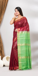 Maroon Ghicha Tussar Silk Saree with Green Pallav-Tussar Saree-parinitasarees