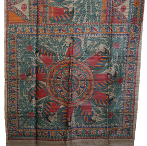 Natural Beige Madhubani Painted Tussar Silk Saree-Tussar Saree-parinitasarees