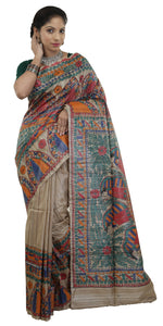 Natural Beige Madhubani Painted Tussar Silk Saree-Tussar Saree-parinitasarees