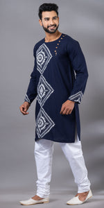 Navy Blue Cotton Panjabi with Floral Kantha Embroidery-Men's Kurtas-parinitasarees