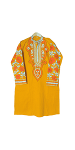 Orange Cotton Panjabi with Floral Kantha Embroidery- XXL-Men's Kurtas-parinitasarees