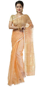Peach Fine Muslin Saree with Golden Motifs-Muslin saree-parinitasarees