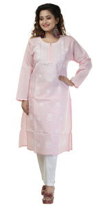 Pink Cotton Chikankari Kurti with Floral Motifs-Women's Chikankari Kurti-parinitasarees