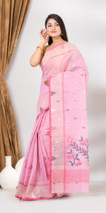 Pink Cotton Jamdani with Floral Motifs-Jamdani saree-parinitasarees