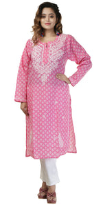Pink Printed Cotton Chikankari Kurti with Floral Motifs-Women's Chikankari Kurti-parinitasarees