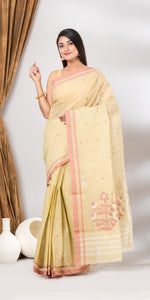 Pistachio Green Cotton Jamdani with Floral Motifs-Jamdani saree-parinitasarees
