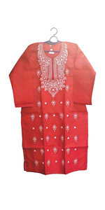 Red Cotton Chikankari Kurti with Floral Motifs-Women's Chikankari Kurti-parinitasarees