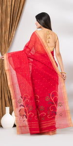 Red Cotton Jamdani with Floral Motifs-Jamdani saree-parinitasarees