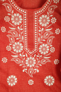 Red Handspun Cotton Chikankari Kurti with Floral Motifs-Women's Chikankari Kurti-parinitasarees