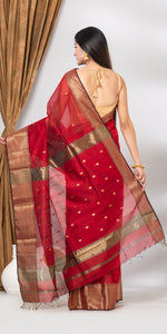 Red Maheshwari Saree with Floral Motifs-Maheshwari Saree-parinitasarees