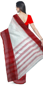 Red and White Soft Tant Saree with Red Border-Tant saree-parinitasarees