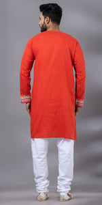 Rust Cotton Panjabi with Geometric Kantha Embroidery-Men's Kurtas-parinitasarees