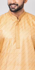 Tussar Silk Kurta with Golden and Cream Stripes Across- XL-Men's Kurtas-parinitasarees