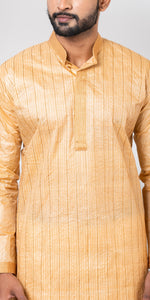 Tussar Silk Kurta with Golden and Cream Stripes- L-Men's Kurtas-parinitasarees