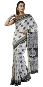 White Chanderi Saree with Camel Block Prints-Chanderi Sarees-parinitasarees