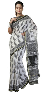 White Chanderi Saree with Paisley Block Prints-Chanderi Sarees-parinitasarees