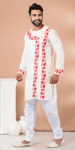 White Cotton Panjabi with Floral Kantha Embroidery-Men's Kurtas-parinitasarees