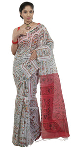 White Shantiniketan Madhubani Block Printed Cotton Saree-parinitasarees