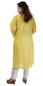 Yellow Cotton Chikankari Kurti with Floral Motifs-Women's Chikankari Kurti-parinitasarees