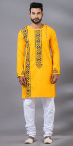 Yellow Cotton Panjabi with Floral Kantha Embroidery-Men's Kurtas-parinitasarees