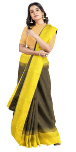 Black Handspun Cotton Saree with Yellow Border-Handspun Cotton-parinitasarees