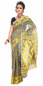 Light Grey Dhakai Jamdani with Yellow Motifs-Jamdani saree-parinitasarees