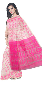 White Dhakai Jamdani with Pink Motifs-Jamdani saree-parinitasarees